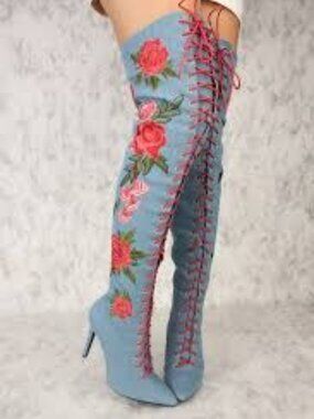 Denim Embroidered Over-the-Knee Lace Up Stiletto Boots Size 8.5